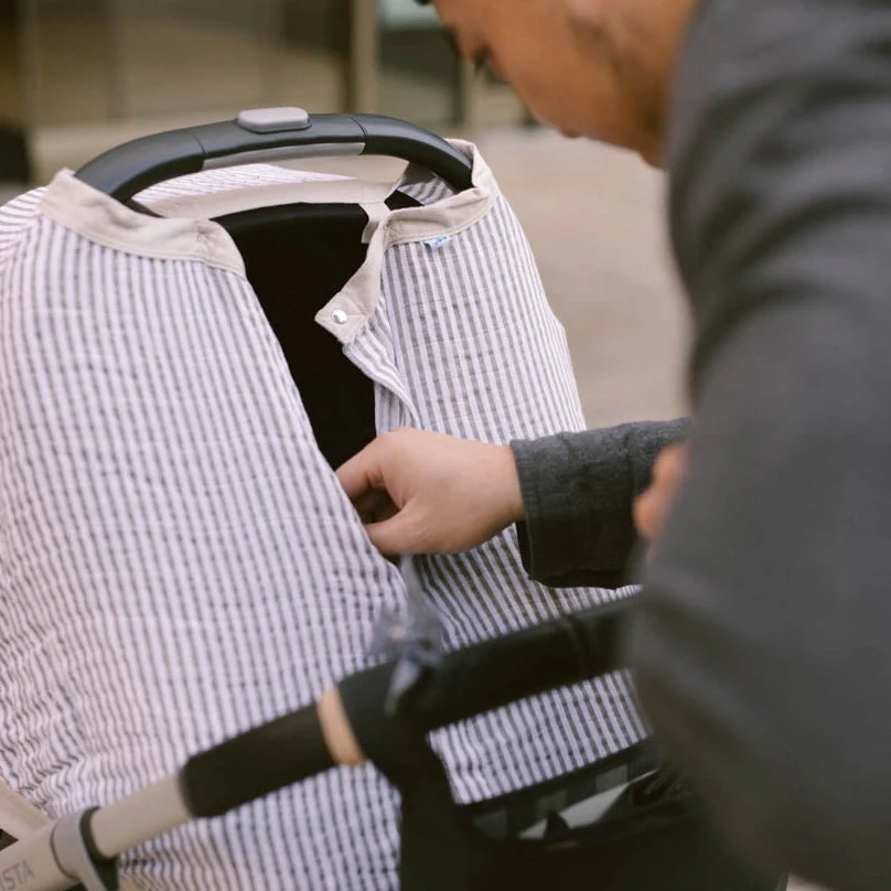 Cotton Muslin Car Seat Canopy - Grey Stripe - Image 4