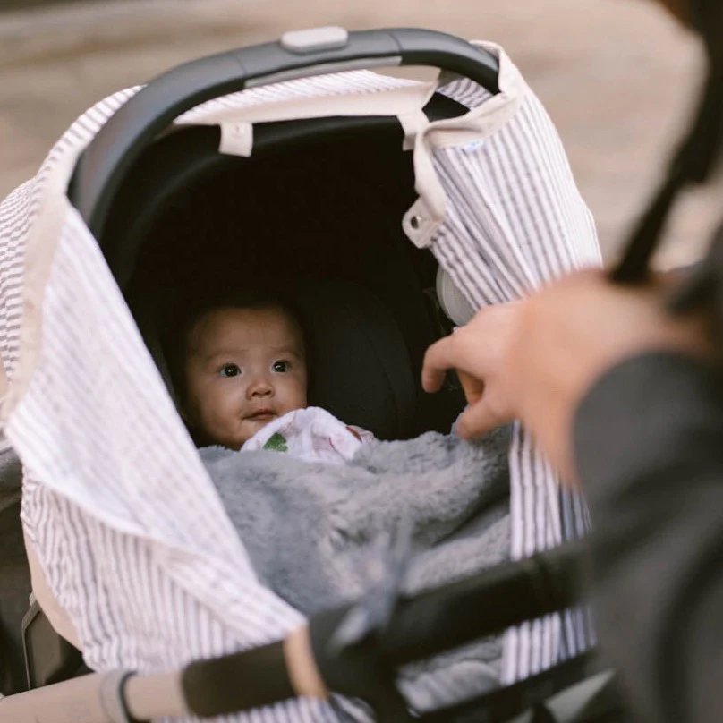 Cotton Muslin Car Seat Canopy - Grey Stripe - Image 5