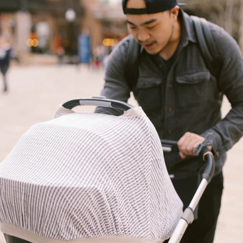 Cotton Muslin Car Seat Canopy - Grey Stripe - Image 6