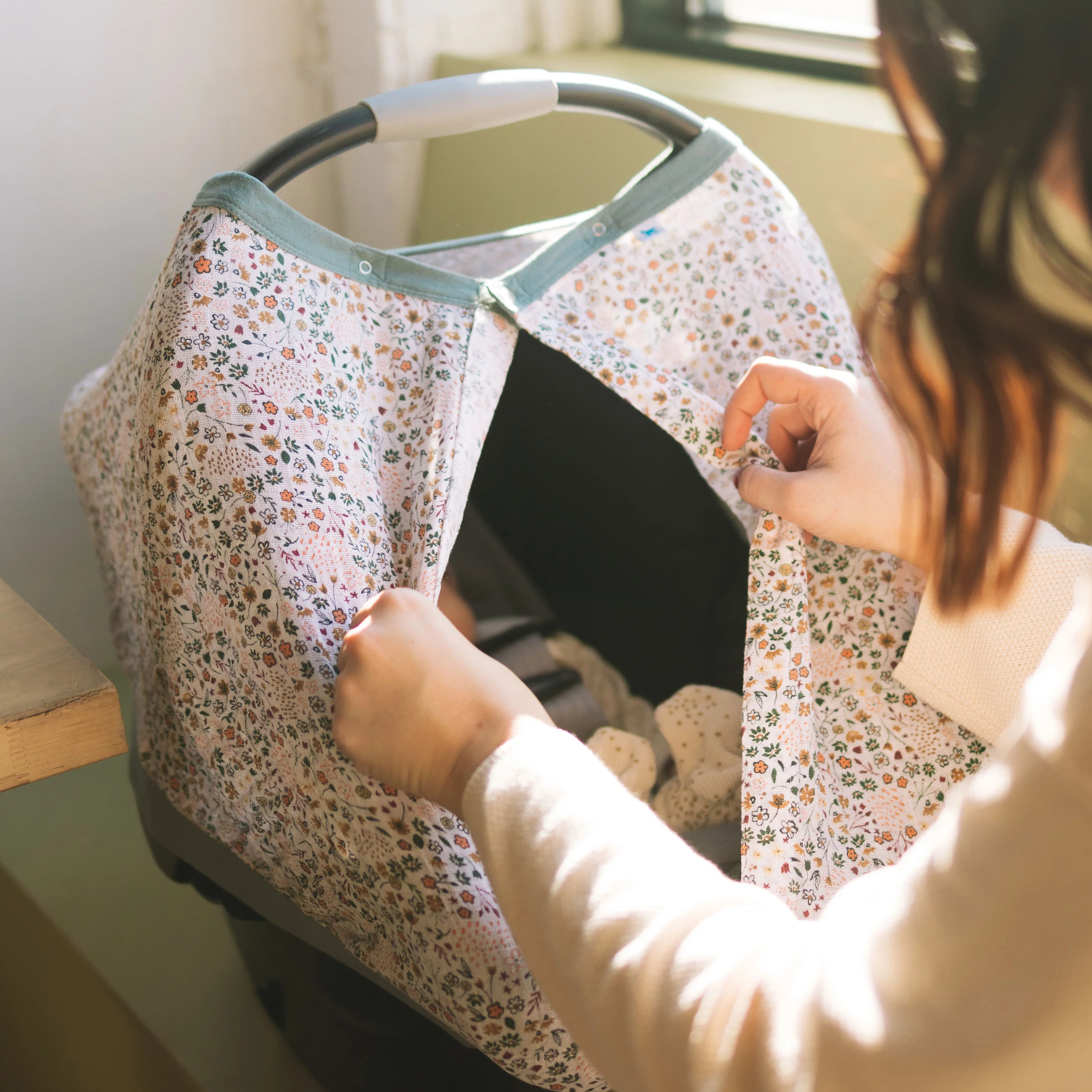 Cotton Muslin Car Seat Canopy - Pressed Petals - Image 4