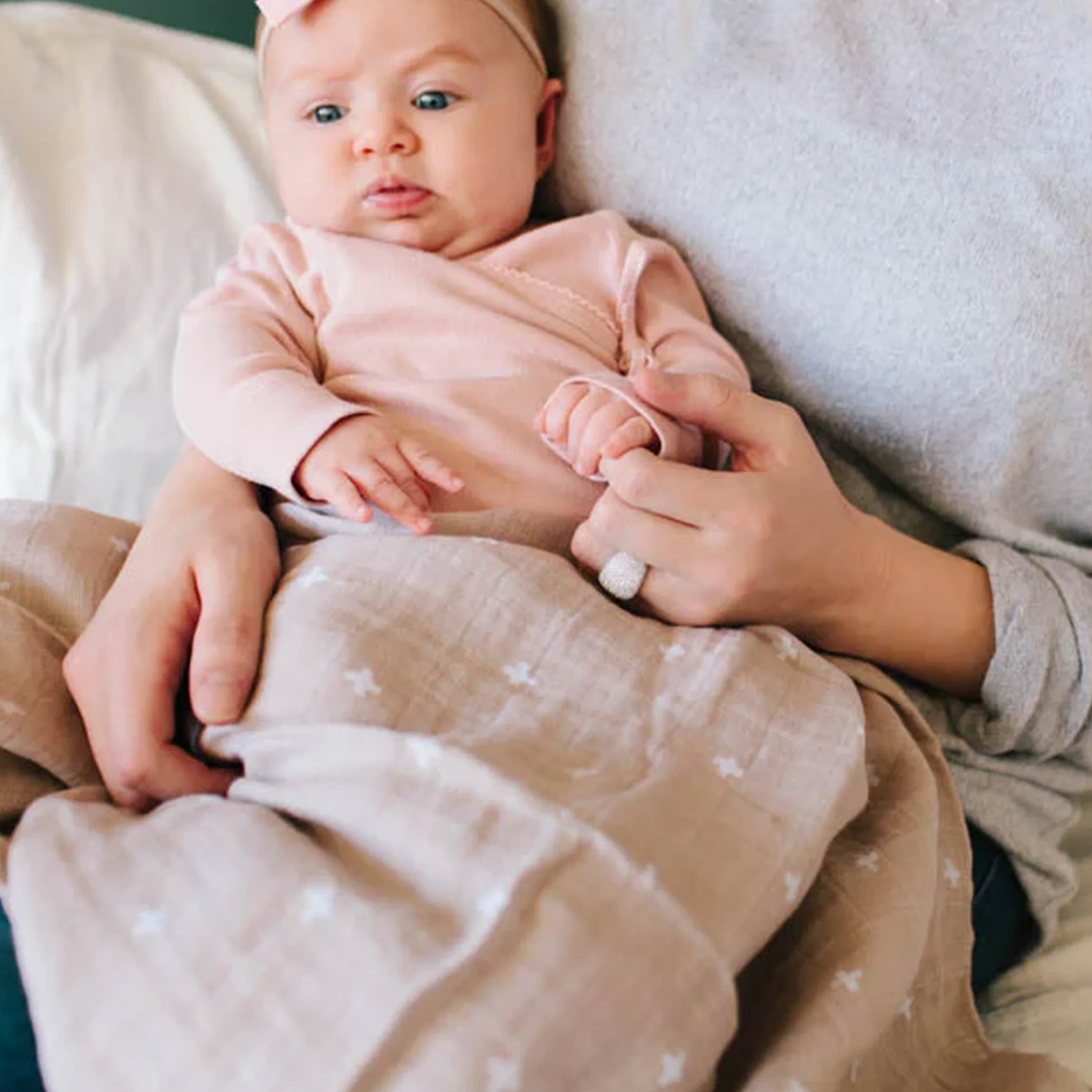 Cotton Muslin Swaddle Blanket - Taupe Cross - Image 7