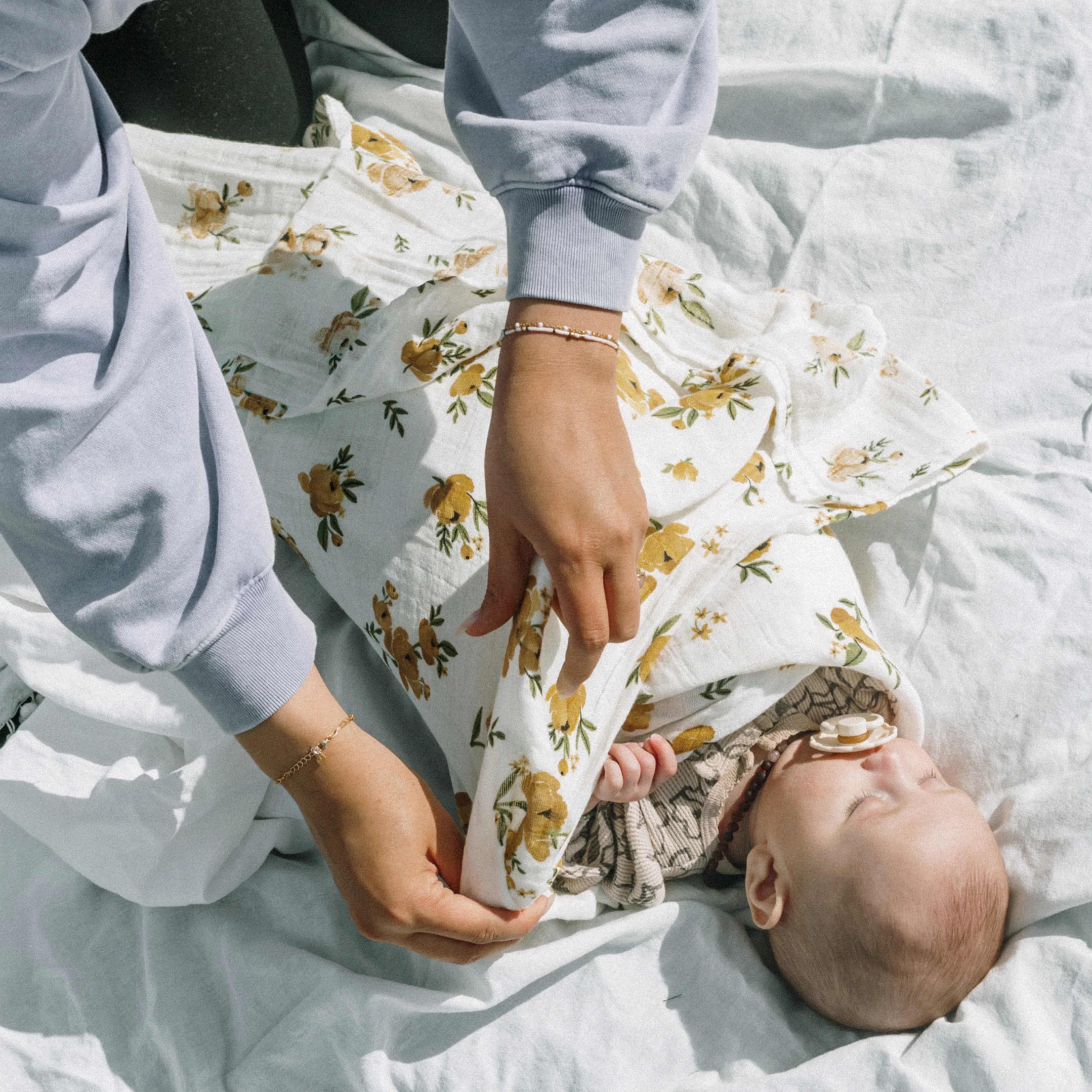Organic Cotton Muslin Swaddle Blanket 2 Pack - Yellow Roses - Image 7