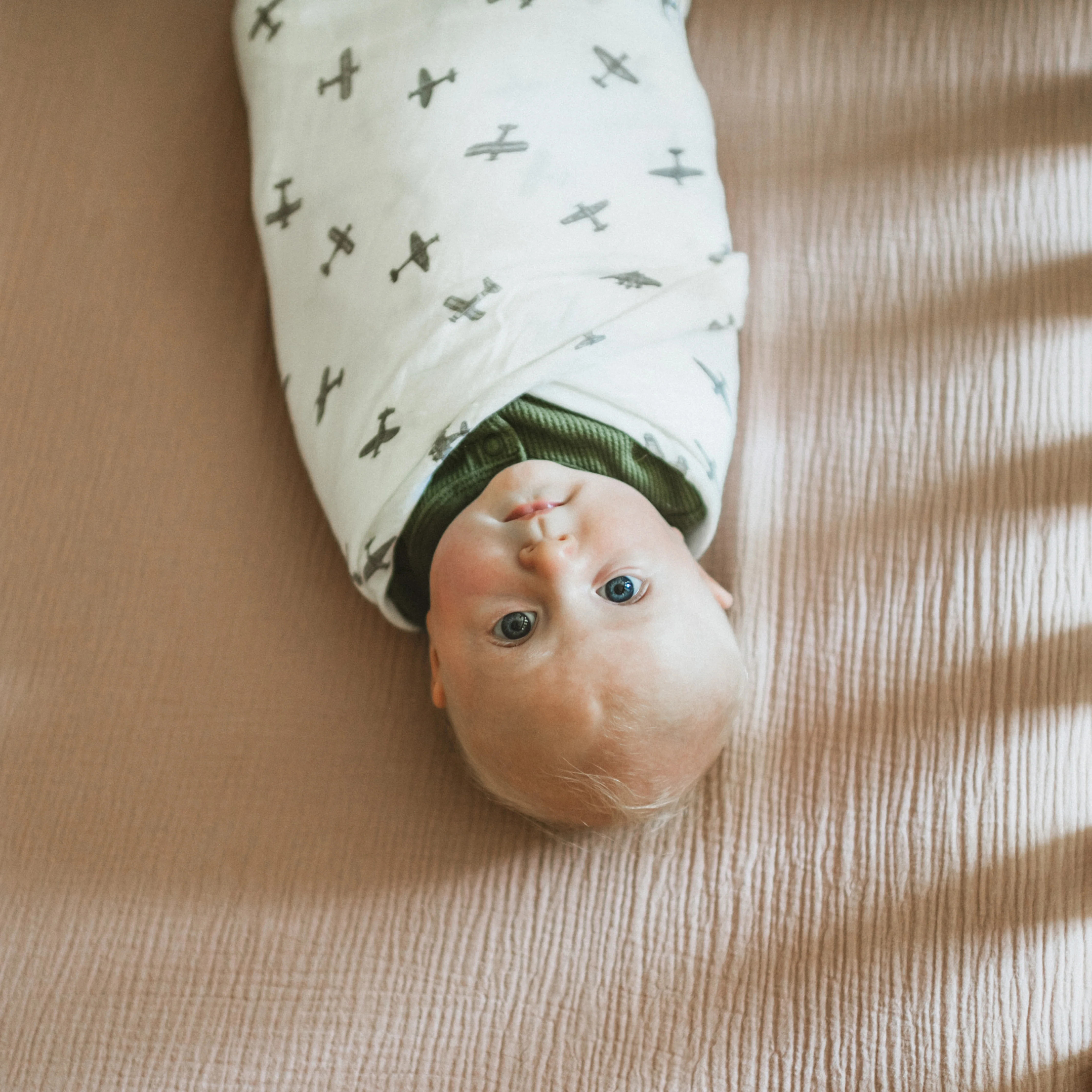 Organic Cotton Muslin Swaddle Blanket - Pewter Planes - Image 7
